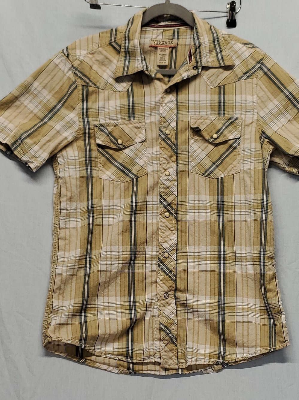 Vintage Plaid Short-Sleeve Button-Down Shirt in Tan, White and Black #323